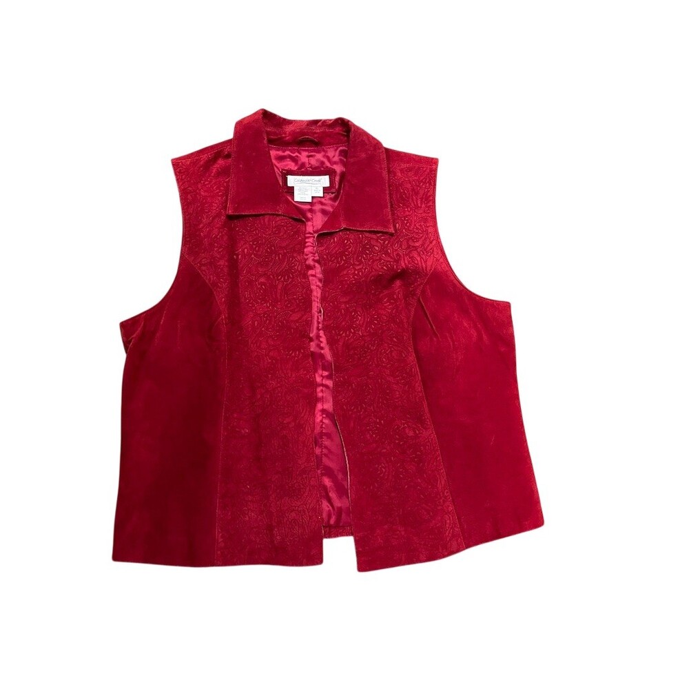 Coldwater Creek Vest Womens XL Red Paisley Embossed Open Front Collared